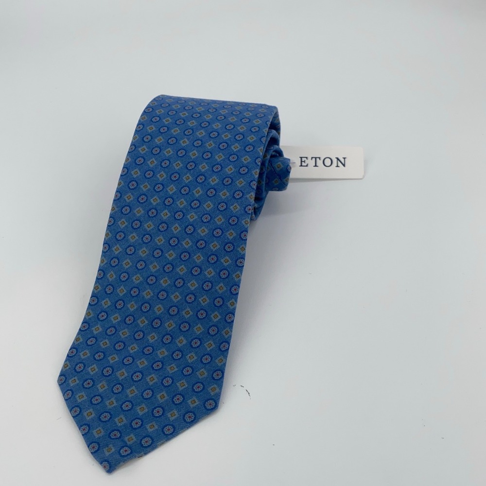 Eton Tie Mens‎ One Size Blue Patterned Wool Professional Necktie Italy Made NWT
